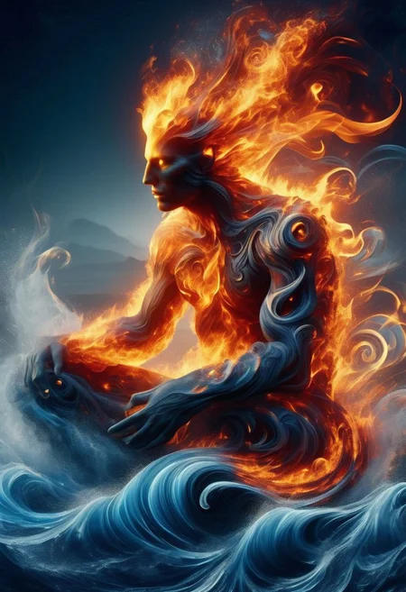 ElementsMix, fire, water, wind, the blackened smoke silhouette of a man sits on stone, legs crossed, mouth and eyes open, glowing white light illuminating from eyes and mouth, hands cupped, holding pool of water around the figure made of smoke swirls wind, fire, and water frozen volcano landscape