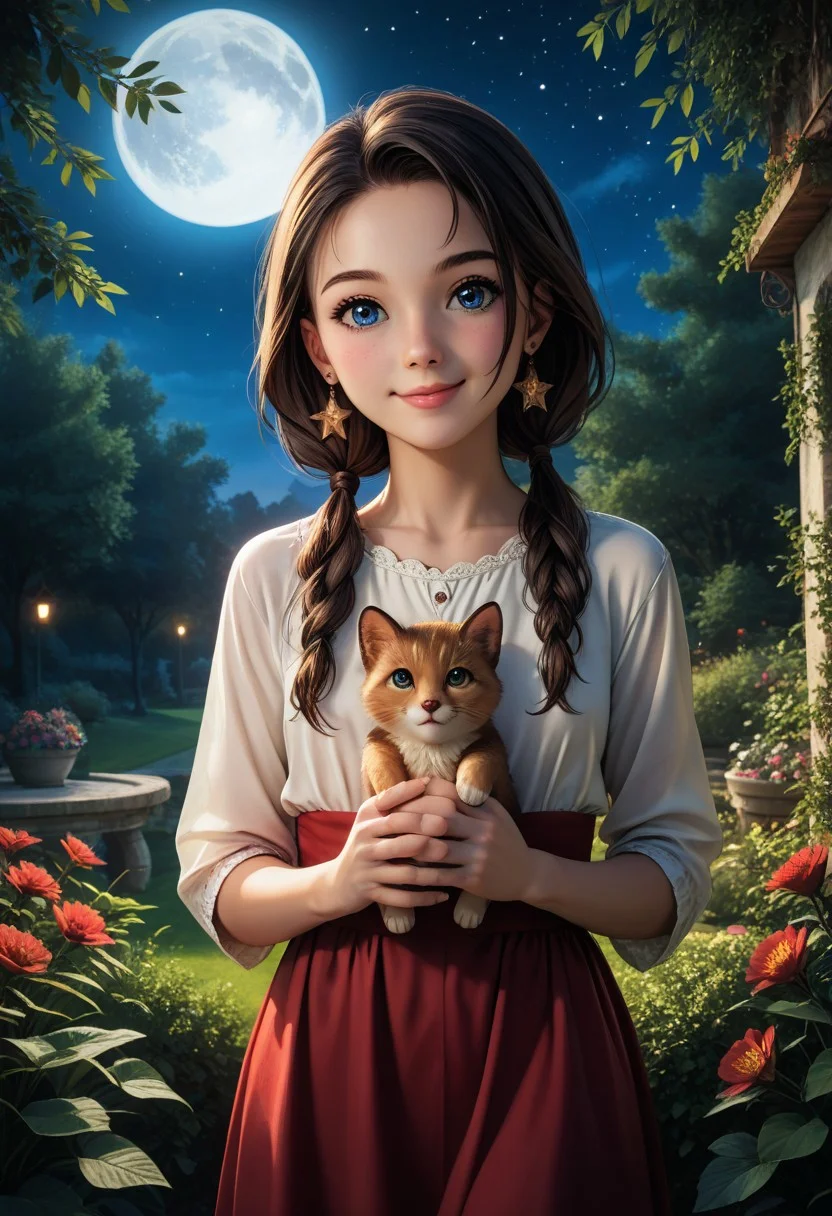 (masterpiece:1.5), 8k, best quality, ultra-detailed, (high res), cinematic lighting, beautiful lighting, high quality, studio quality, detailed, insanely detailed, extreme detail, refined detail, perfect detail, max detail, smooth lighting, detailed background, hyper detailed body, beautiful lighting, vibrant lighting, global illumination, absurdres, high-res, dynamic lighting, score_9, score_8_up, score_7_up, ponypositive, 50 girl, looking at viewer, (narrow waist, skinny, small body, slim), (outdoors, floral garden), bright lighting, daylight, sunshine, cute, kawaii, (closed mouth), happy, ((standing)), alone, gleaming eyes, large eyes, ((cowboy shot)), (hands at the sides), (rating_safe, sfw), source anime, <lora:xl_more_art-full_v1:0.8> , PonyXLV6_Scores, unity 8k wallpaper, perfect anatomy, <lora:PerfectEyesXL:1> , perfect eyes, <lora:hand 5.5:1> , perfect hands, detailed hands, winnie, furry female, brown fur, blue eyes, low twintails, earrings, chibi, night, starry skies, moonlight, large Moon,
