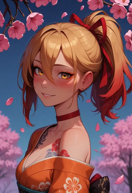 masterpiece, best quality, amazing quality, p0nyd1sney1ncasev1x0n2, 1girl, 25 years old, perfect face,
side view, detailed face, portrait, face focus, depth of field, looking at viewer, blush, shy smile, close up,
yellow eyes, orange eyeliner,
blonde hair, long hair, ponytail, hair between eyes, earrings, stud earrings, red hair ribbon,
red choker,
obi, hadanugi dousa, orange kimono, obiage, obijime, sash, short sleeves, single bare shoulder,
chest tattoo, flower tattoo,
spring, cherry blossoms