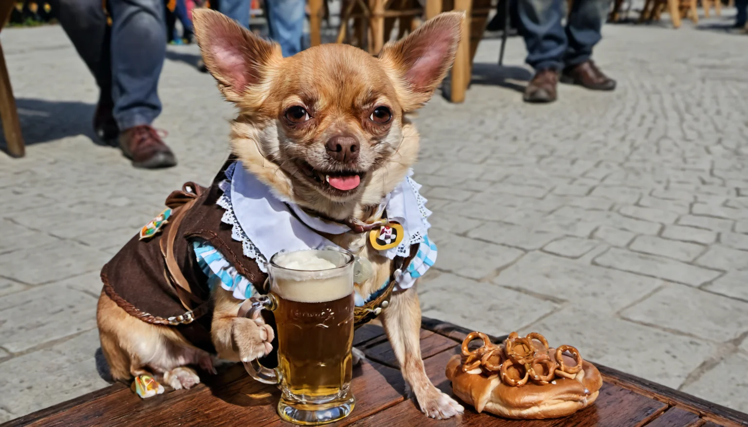 Megan,Chihuahua held by a buxom German barmaid in an Oktoberfest costume celebrating Oktoberfest at a German biergarten,beer,German barmaid,Chihuahua,happy,drunk,Oktoberfest,german pretzels,fall weather,fun,<lora:Megan_1.5:1>,