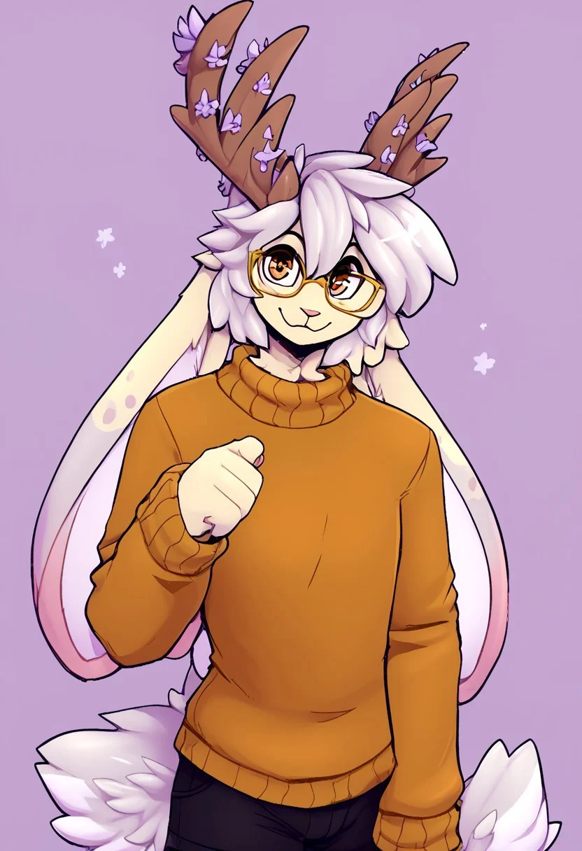 score_9, score_8_up, score_7_up, score_6_up, score_5_up, score_4_up, furry, male, animal ears, tail, source_furry, Fleur, Fleurfurr, jackalope, furry, 1boy, solo, lop eared bunny, lop eared, antlers, male focus, two-tone fur, grey hair, grey tail, Fleurfurr, brown eyes, flat colors, yellow sweater, black shorts, yellow glasses, looking at viewer, smile