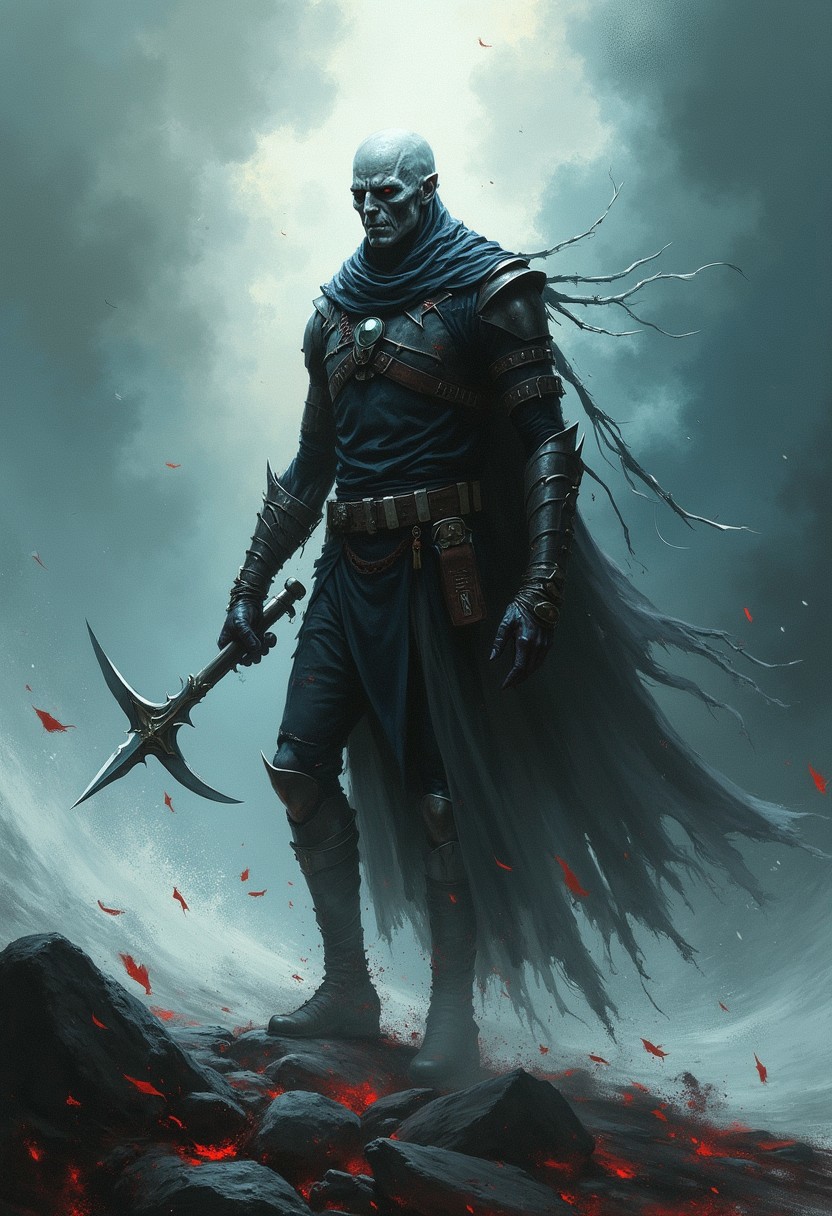 Create an artistic image inspired by the quote, featuring an undead warrior who transcends others and stands resolute amidst a tumultuous storm. The warrior's portrayal should combine artistic interpretation with symbolic elements, conveying inner strength. The stormy environment should be stylized, with dynamic brushstrokes and vivid colors that evoke the intensity of the tempest. The warrior's stance and expression should capture both physical and spiritual determination. Employ artistic techniques to infuse the image with a sense of motion and energy. Opt for a medium shot to frame the warrior within the stormy backdrop. The resolution should be detailed, around 4K, to convey the expressive nuances of the warrior's presence, the storm, and the symbolic elements., professional ominous concept art, by artgerm and greg rutkowski, an intricate, elegant, highly detailed digital painting, concept art, smooth, sharp focus, illustration, in the style of simon stalenhag, wayne barlowe, and igor kieryluk.