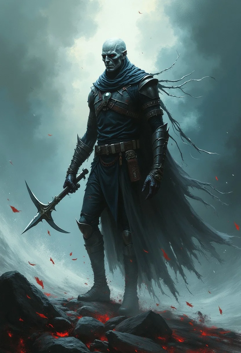 Create an artistic image inspired by the quote, featuring an undead warrior who transcends others and stands resolute amidst a tumultuous storm. The warrior's portrayal should combine artistic interpretation with symbolic elements, conveying inner strength. The stormy environment should be stylized, with dynamic brushstrokes and vivid colors that evoke the intensity of the tempest. The warrior's stance and expression should capture both physical and spiritual determination. Employ artistic techniques to infuse the image with a sense of motion and energy. Opt for a medium shot to frame the warrior within the stormy backdrop. The resolution should be detailed, around 4K, to convey the expressive nuances of the warrior's presence, the storm, and the symbolic elements., professional ominous concept art, by artgerm and greg rutkowski, an intricate, elegant, highly detailed digital painting, concept art, smooth, sharp focus, illustration, in the style of simon stalenhag, wayne barlowe, and igor kieryluk.