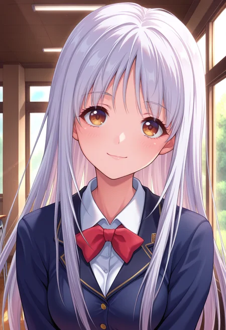 masterpiece, best quality, amazing quality, 1girl, solo, (portrait:1.2), nayutaww, brown eyes, white hair, long hair, medium breasts, school uniform, red bowtie, blazer, dark blue jacket, white collared shirt, looking at viewer, smile, indoors, day, skindentation, detailed clothing folds, depth of field, sharp, high contrast, dynamic light <lora:Tsukishiro_Nayuta_Yoridori_ill:0.8>