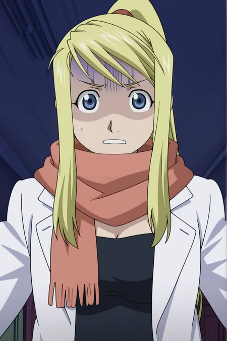 masterpiece, best quality, absurdres, highres, very aesthetic, very awa, BREAK, anime coloring, anime screencap,
<lora:winry_rockbell_v1-illustrious:1>, 1girl, winry rockbell, fullmetal alchemist, blue eyes, blonde hair, ponytail,
wincout, scarf, white coat,
BREAK, looking at viewer, balancing pose, gloom (expression),
BREAK,