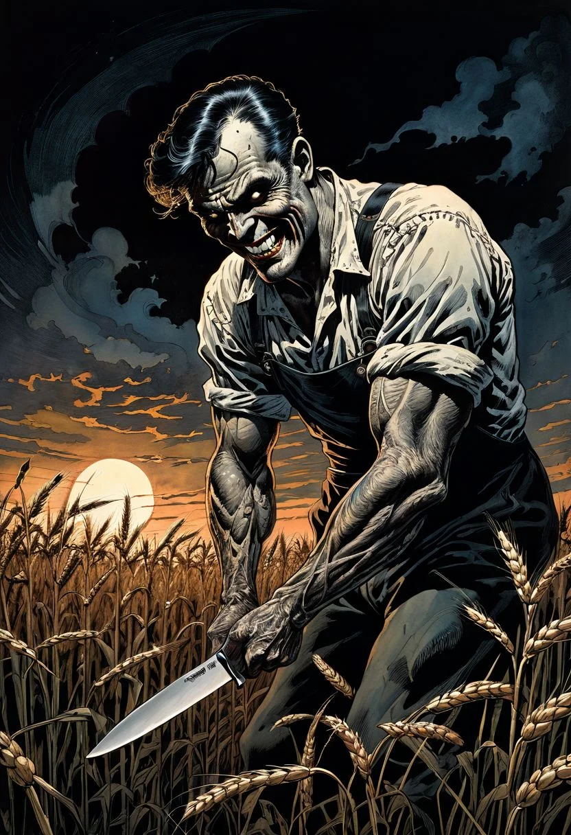 1950s style line art, in the style of Berni Wrightson, Frank Frazetta, Graham Ingels, Ed Emsh, Virgil Finlay, haunted atmosphere, grotesque, close-up 1man mad grinning serial killer butchering with knife 1woman beautiful helpless in wheat field under moonlight