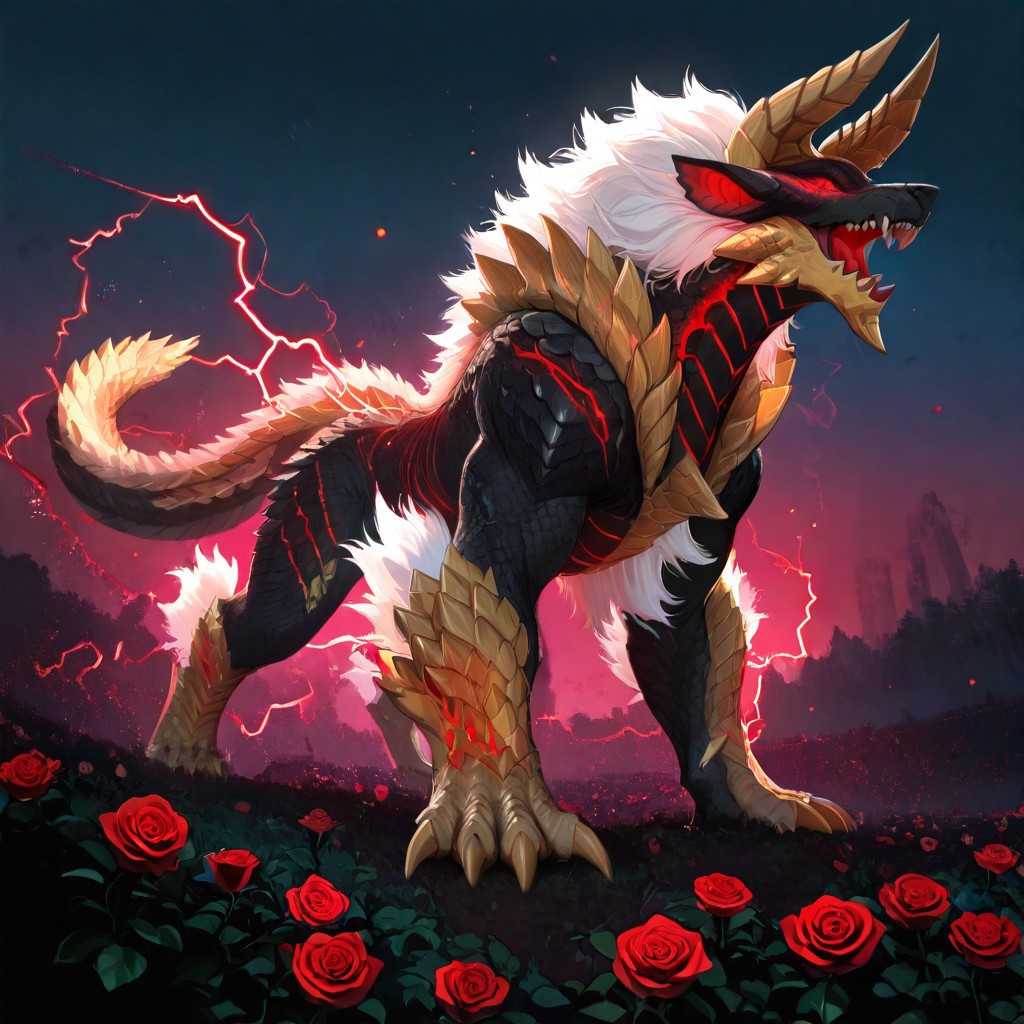 masterpiece,amazing quality,best quality,ultra-detailed,8K,illustration,CG, ultra-detailed-eyes, detailed background,rose garden
masterpiece, best quality, good quality, very awa, newest, highres, absurdres,
glowing,
BREAK
masterpiece, best quality, good quality, newest, highres, absurdres, volumetric lighting,gradient color, uncensored, 
BREAK 
raytracing, volumetric lighting, ambient occlusion, girl, background, masterpiece, best quality, very awa, absurdres, 
BREAK 
ambient occlusion, raytracing, soft lighting, blum effect, masterpiece, absolutely eye-catching, particles, glow, shining, intricate cinematic background,
BREAK 
feral,St Zinogre, no humans, red eyes, sharp teeth, horns, claws, teeth, solo, monster, open mouth, glowing, pokemon (creature), electricity, glowing eyes, realistic, scales, sky