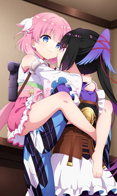 masterpiece, best quality, zzhaizakura,  zzKarasuba, from below, yuri, 1girl, solo, looking at another, face-to-face, carrying person, :d, multcolored hair, japanese clothes, lifting person, black hair, long hair, from behind, purple hair, carrying, arms around neck, wa maid, cheek-to-cheek, bare legs, leg lock, thighs, :3, looking at viewer, pink hair, short hair, hug from behind, smile, bow, bare shoulders, detached sleeves, japanese clothes, hair ornament, long sleeves, apron, purple eyes, blue eyes, kimono, wide sleeves, kimono, blurry, sash, blurry background, obi, floral print, pink bow, white kimono, sleeveless kimono, upper body, maid, maid apron, wide sleeves, frills, corset, ribbon, white apron, closed mouth, open month, height difference frilled apron, skirt, age difference, long sleeves, indoors, purple kimono, standing, 