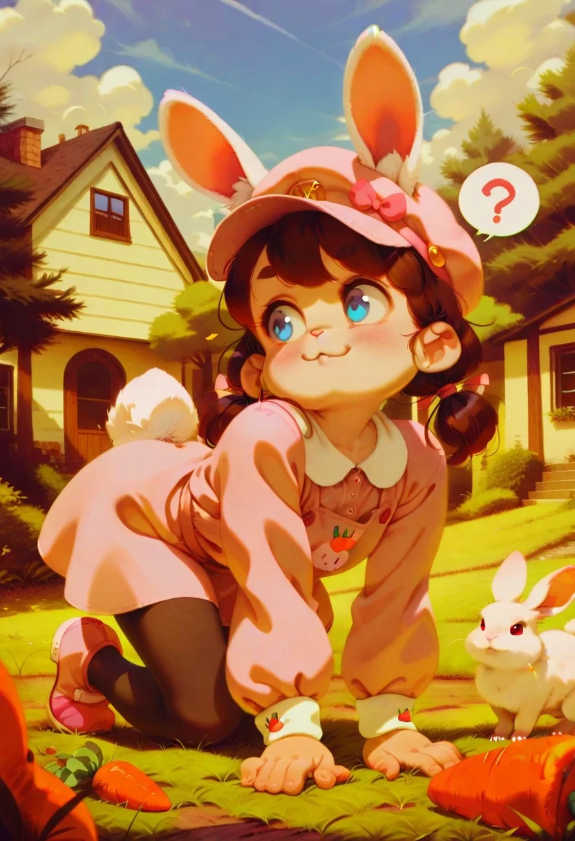 masterpiece,best quality,amazing quality,
alkemanubis, 1girl, all fours, grass, animal ears, blue eyes, rabbit ears, outdoors, ?, tail, bow, carrot, day, twintails, short twintails, tree, pantyhose, hat, brown hair, sky, solo, rabbit, low twintails, cloud,, blue sky, rabbit tail, bandaid, house, short hair, blush, pink footwear, buck teeth, dress, :3,