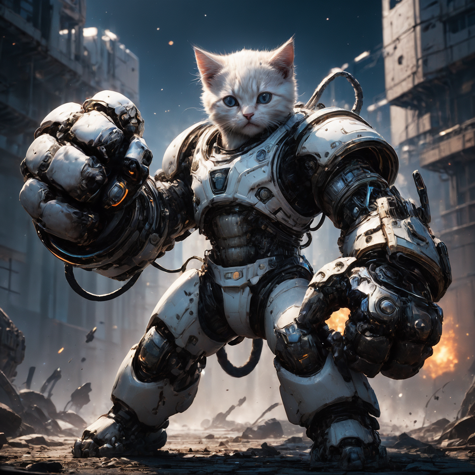 amazing quality, masterpiece, best quality, hyper detailed, ultra detailed, UHD, HDR, DOF, depth of field, perfect anatomy, sci-fi,
kitten, (white:1.2) giant mechanical arms, fighting stance, fist, hand up,
glowing, shine, dazzling,
<lora:cfc-giant-mechanical-arms:0.75>,
<lora:add-detail-xl:0.85>, 
<lora:EnvyBetterHiresFixXL01:1.0>, 
<lora:extremely_detailed:1.0>, extremely detailed,