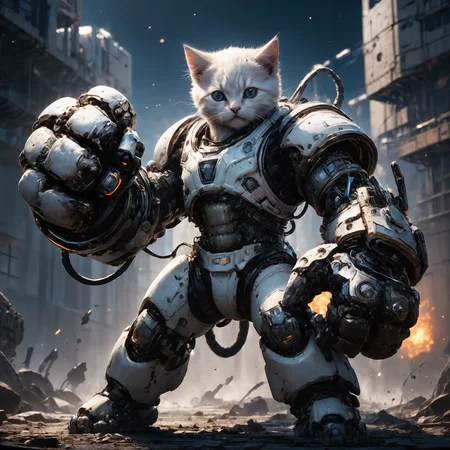 amazing quality, masterpiece, best quality, hyper detailed, ultra detailed, UHD, HDR, DOF, depth of field, perfect anatomy, sci-fi,
kitten, (white:1.2) giant mechanical arms, fighting stance, fist, hand up,
glowing, shine, dazzling,
<lora:cfc-giant-mechanical-arms:0.75>,
<lora:add-detail-xl:0.85>,
<lora:EnvyBetterHiresFixXL01:1.0>,
<lora:extremely_detailed:1.0>, extremely detailed,