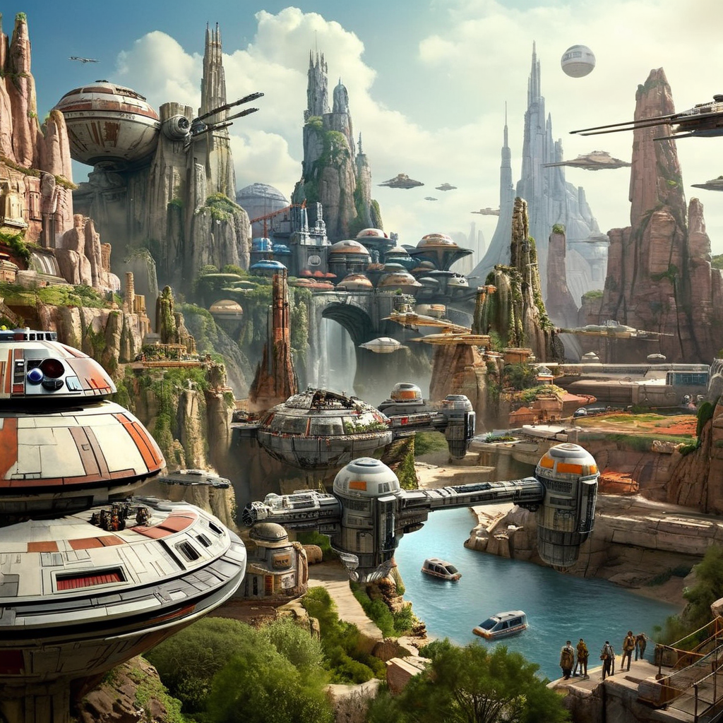 Advertising poster style,  <lora:Advertising:1.5>
A creative photo of  a star wars land with a lot of buildings advertising style, Professional, modern, product-focused, commercial, eye-catching, highly detailed