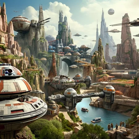 Advertising poster style, <lora:Advertising:1.5>
A creative photo of a star wars land with a lot of buildings advertising style, Professional, modern, product-focused, commercial, eye-catching, highly detailed