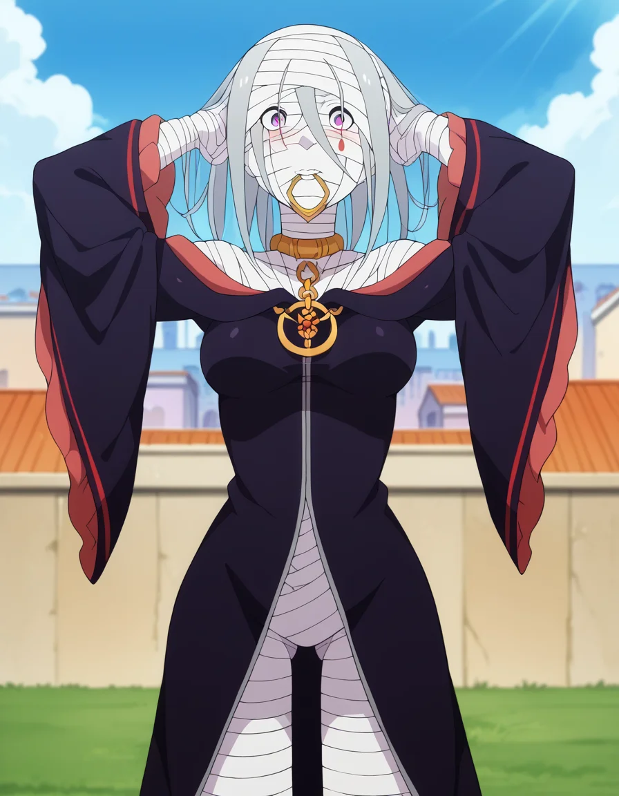 score_9, score_8_up, score_7_up, source_anime, <lora:sirius-romanee-conti-s3-p1-ponyxl-lora-nochekaiser:1>, sirius romanee conti, long hair, purple eyes, white hair, bandages, bandaged head, bandaged neck, bandaged arms, bandaged legs, bandaged hand, bandaged chest, bandaged torso, bandaged wrist, bandaged knees, medium breasts,, wide sleeves, robe, off-shoulder, black robe,, meadow, grass, flowers, open, sunlight, , <lora:hair-tie-in-mouth-ponyxl-lora-nochekaiser:1>, hair tie in mouth, hair tie, mouth hold, rubber band, blush, tying hair, adjusting hair, hands in hair, arms up, arms behind head, ponytail, hand in own hair, hair lift, cowboy shot, looking at viewer, looking at viewer, solo,, dutch angle, cowboy shot