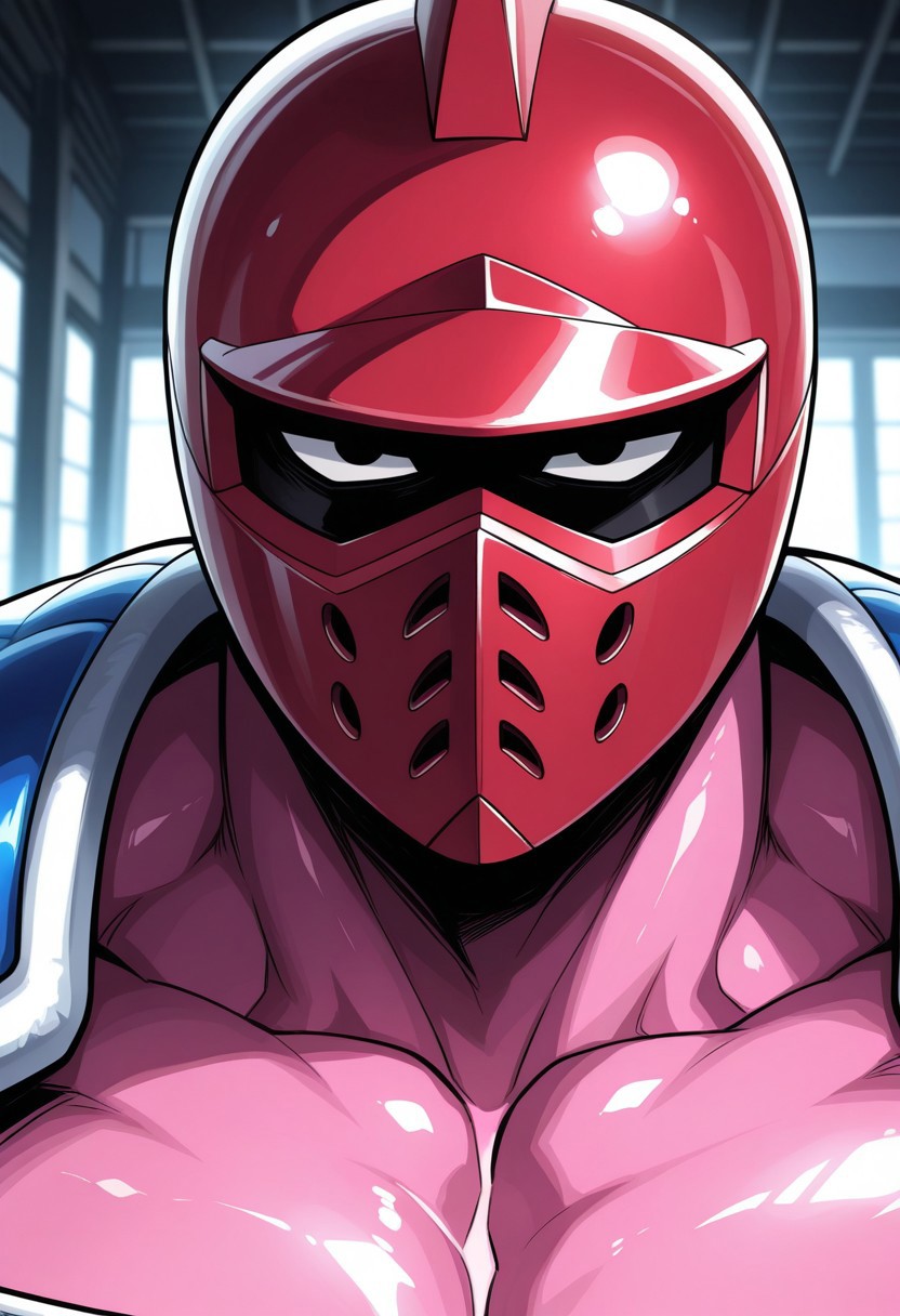 <lora:kinnikumanbigbodyv2:1>, kinnikumanbigbody, solo, black eyes, red helmet, mask, pink skin, shiny skin, mature, manly, face focus, portrait, white chest pads, blue shoulder pads,  BREAK masterpiece, best quality, amazing quality, very aesthetic, high resolution, 4K, extremely-detailed, depth of field, separate focus, newest, scenery, detailed muscles, cinematic lighting