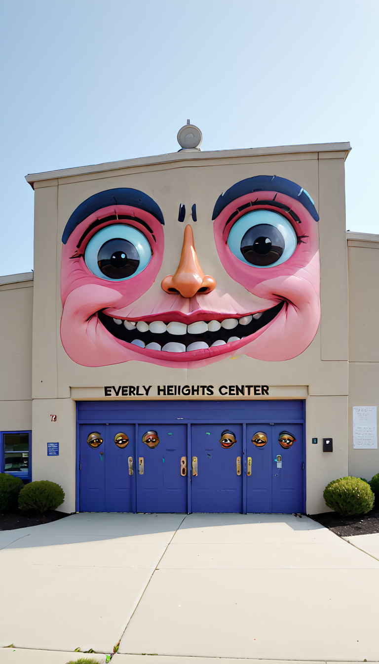 the Everly Heights Community Center with funky faces painted on it  <lora:Everly_Heights_TaleSpinner_Pony_XL:1>