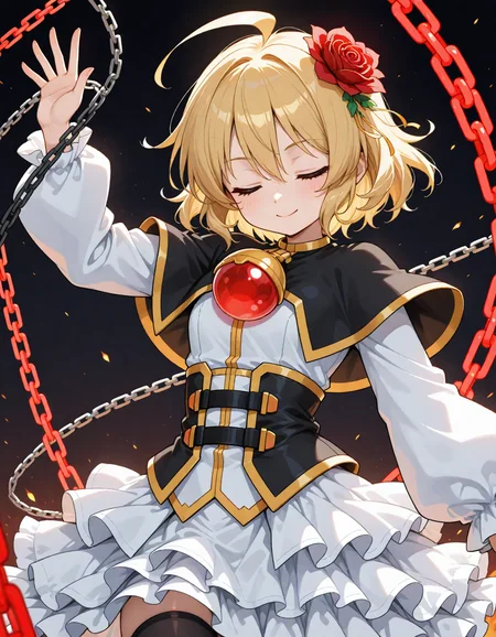 1girl,
very awa, ojdefhime, red eyes, blonde hair, short hair, ahoge, hair flower, gem, dress, white shirt, black corset, white skirt, frilled skirt, layered skirt, black capelet, long sleeves, frills, black thighhighs, (background chain:1.2), black chain, chain, simple background, standing, smile, solo, upper body, to many chains, battle, closed eyes,
masterpiece, best quality, newest, highres, absurdres, general
<lora:NoobV065sHyperDmd:1> <lora:OJ_Hime_IXL:1>