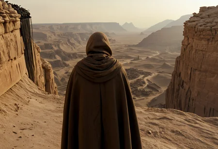 epic, cinematic shot, movie still from Dune movie showing priest (from behind), ((standing at the cliff edge)) wearing (torn long rag coat and hood:1.3) looking at (far horizon, rocky canyon, mountains, ruins:1.6), (futuristic technology:1.2), rubble, stone, (shiny metal statues, metal wires, ancient artifacts:1.5), (glass wood and metal elements covered in dust and dirt:1.3),  sand, very detailed, wide angle, absurd art,  (electronics, plasma:1.3), 
<lora:add-detail-xl:0.9>,
<lora:b3ks1n:0.55> b3ks1n,
<lora:JuggerCineXL2:0.8> Film Still, Cinematic, Cinematic Lighting,
<lora:Dune_Movie_Loha2:0.4> Dune, directed by Denis Villeneuve, cinematic, movie, futuristic, sci-fi,
<lora:xl-shanbailing-1003fire:0.5> fire element,