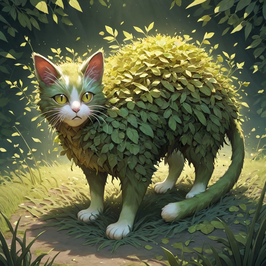 masterpiece, best quality, newest, absurdres, highres, FG-V2.0-Spirit, anima, animal focus, FG-V2.0, cat, no humans, monster, plant, grass, leaves, fantasy, pokemon (creature),
