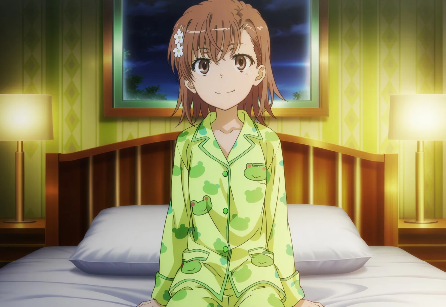 masterpiece, best quality, absurdres, highres, intricate details, very aesthetic, accurate art style, anime screencap, anime coloring, flat colors, official screencap, style parody, official art, proper proportions, extremely detailed, newest, 2025, BREAK, 1girl, misaka mikoto, short hair, brown hair, hair ornament, hair flower, pajamas, green pajamas, frog print, animal print, BREAK, smile, sitting on bed, BREAK, detailed background, indoors, bedroom, BREAK, cowboy shot, BREAK, vibrant colors, bloom, vignette, cinematic lighting, 75% soft lighting, 25% dark lighting