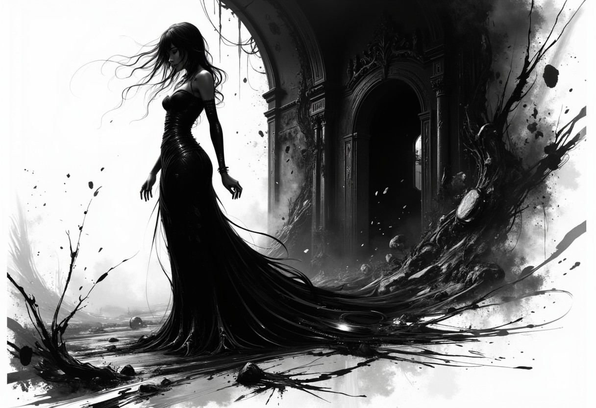 Full body adult woman, Anime-esque, stylized, two tone art, scratchy, scribbled art style, edgy art style, dark, monochrome, dramatic angle, masterpiece, perfect composition, perfect hands  <lora:ARTifacts:0.8> ,