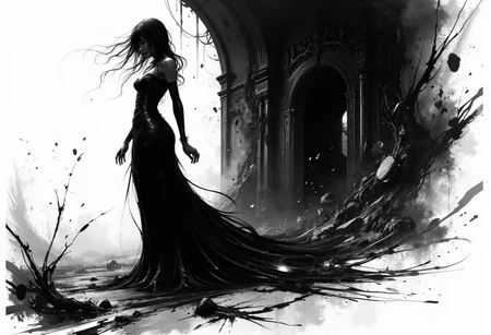 Full body adult woman, Anime-esque, stylized, two tone art, scratchy, scribbled art style, edgy art style, dark, monochrome, dramatic angle, masterpiece, perfect composition, perfect hands <lora:ARTifacts:0.8> ,