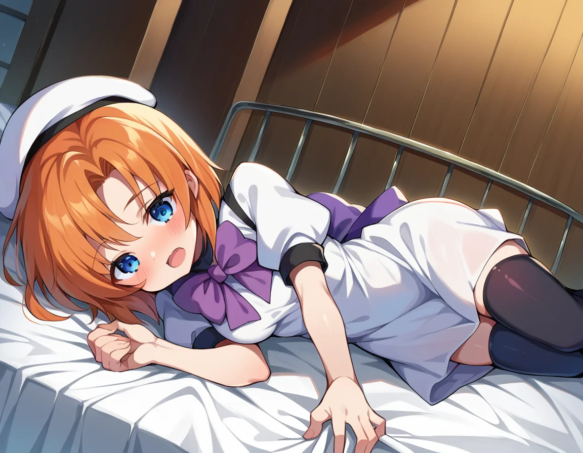 score_9, score_8_up, score_7_up, source_anime,
renaryuuguu, <lora:rena-ryuuguu-ponyxl-lora-nochekaiser:1>,
rena ryuuguu, orange hair, short hair, blue eyes,
beret, black thighhighs, bow, bowtie, dress, hat, puffy short sleeves, puffy sleeves, purple bow, purple bowtie, short sleeves, thighhighs, white dress, zettai ryouiki,
indoors, bed, bed room, on side, blush, drunk,
looking at viewer, dutch angle, cowboy shot,