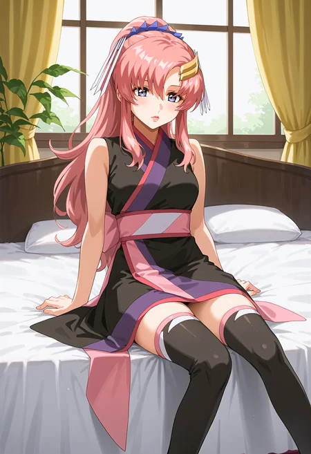 score_9, score_8_up, score_7_up, source_anime, rating_safe <lora:lacus_c_pony-000008:0.9> lacus_c, 1girl, anime coloring, solo, long hair, high ponytail, pink hair, hair ornament, hair ribbon, hair between eyes, purple eyes, lipstick, black sleeveless kimono, sash, black thighhighs, medium breasts, blush,sitting, on bed, indoors, window, curtains,