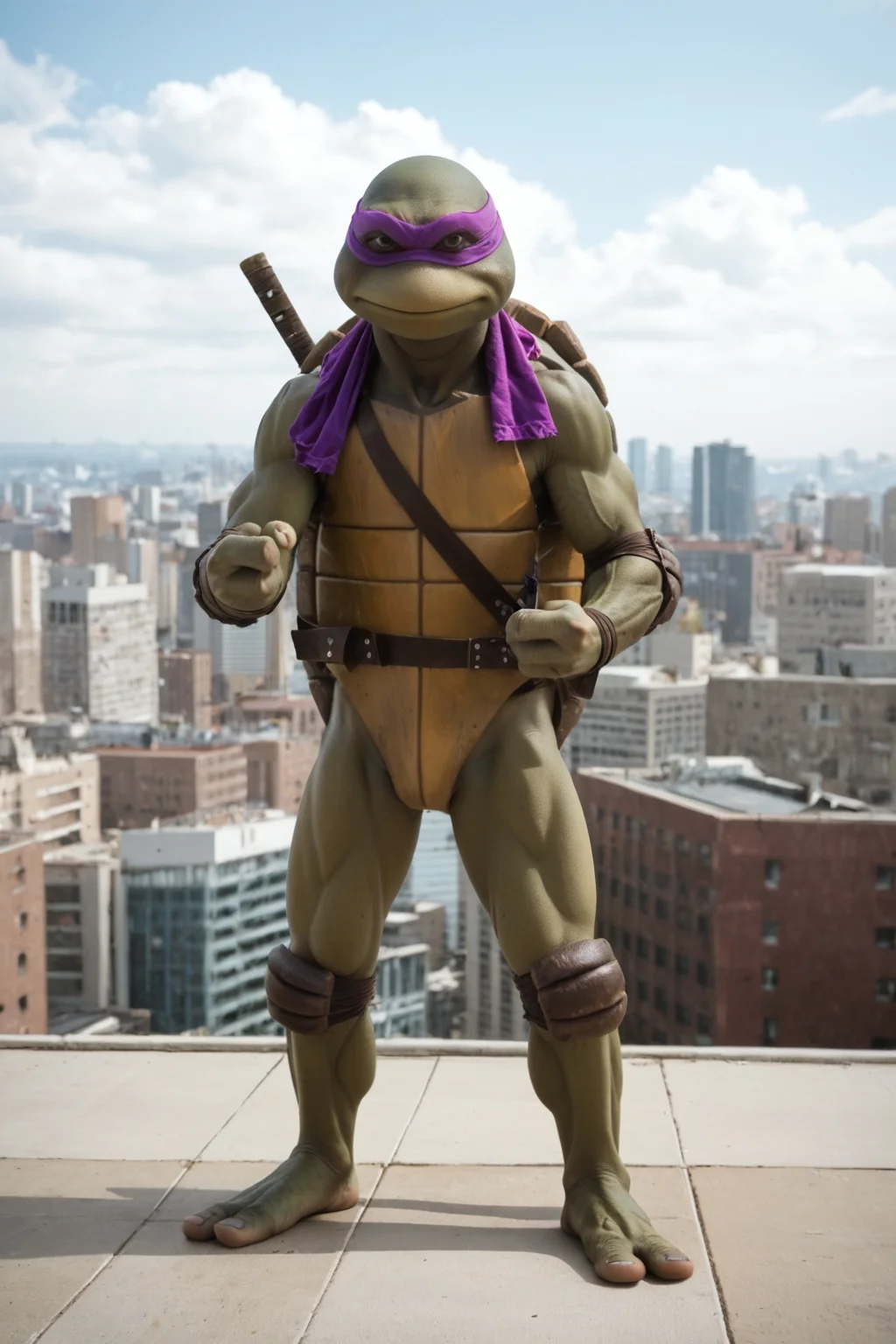 score_9, score_8_up, score_7_up, rating_safe, masterpiece, high quality, ((realistic, source_IRL)), BREAK, full body shot, TMNTDonatello, a teenage mutant ninja turtle, wearing purple bandana mask with eye-holes, fight stance, standing on a city rooftop during the day, skyscrapers and rooftops and day sky in the background, <lora:TMNT_AIO_Pony:1>