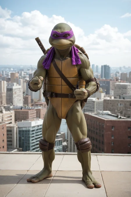 score_9, score_8_up, score_7_up, rating_safe, masterpiece, high quality, ((realistic, source_IRL)), BREAK, full body shot, TMNTDonatello, a teenage mutant ninja turtle, wearing purple bandana mask with eye-holes, fight stance, standing on a city rooftop during the day, skyscrapers and rooftops and day sky in the background, <lora:TMNT_AIO_Pony:1>