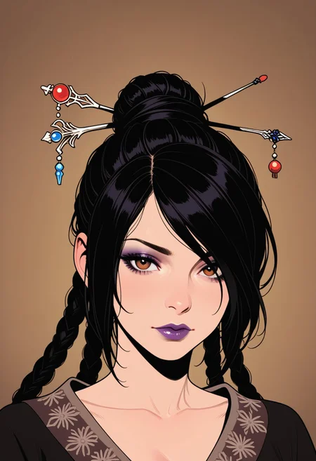 HDR, 8K, high contrast, masterpiece, best quality, amazing quality, very aesthetic, retro artstyle, realistic, promotional art, newest, volumetric lighting, (artist:incase:0.5), (artist:tsuaii:0.5), (flat colors:2), haiz_ai, no lineart, no outline,
1girl, close up portrait, eye focus, Lulu \(ff10\), 1girl, mature female, hair stick, black hair, single hair bun, multiple braids, eyeshadow, purple lips, looking at viewer