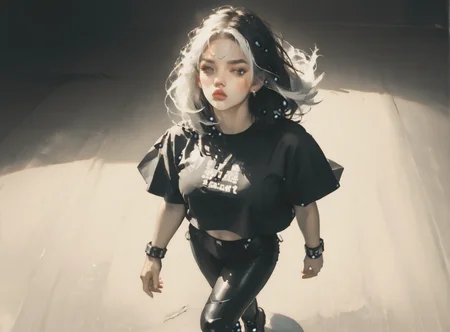 score_9, score_8_up, score_7_up, Fighting scene, shot from above, looking up against all odds, woman, pale skin, huge breasts, <lora:sm0k3XLP:1>, <lora:goth_clothes:1>, black crop top, black platform boots, Black hair, white highlights, <lora:Shiki:1>, <lora:Dark_Retro_Scifi_Aesthetic:1>,