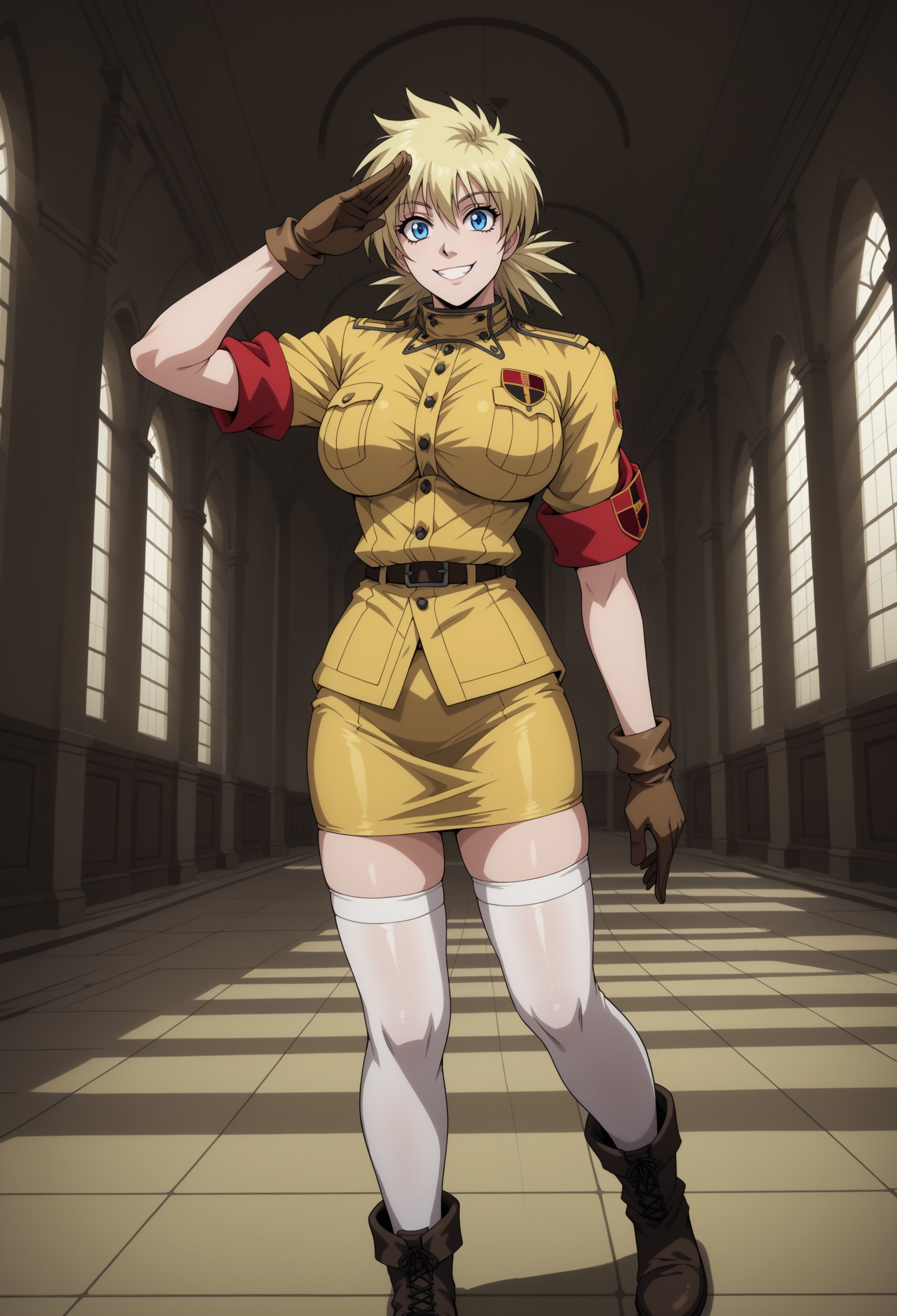 safe_pos, score_9, score_8_up, score_7_up, masterpiece, best quality, very aesthetic, SerasVictoria, 1girl, solo, female focus, blonde hair, short hair, spiked hair, blue eyes, large breasts, military uniform, yellow shirt, sleeves rolled up, red armband, brown gloves, brown belt, yellow pencil skirt, white thighhighs, brown boots, standing, salute, smile, full body, perspective, mansion, indoors