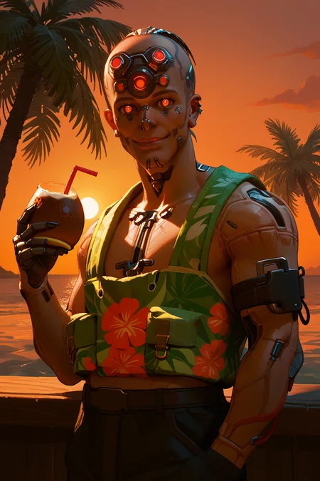 score_9, score_8_up, score_7_up, score_6_up
<lora:CyberDumDum:0.8>
CyberDumDum, 1boy, cyborg, red eyes, extra eyes, looking at viewer, male model wearing a Hawaiian shirt, smiling, holding a coconut drink, vibrant sunset, palm trees swaying in the breeze, tropical vibes