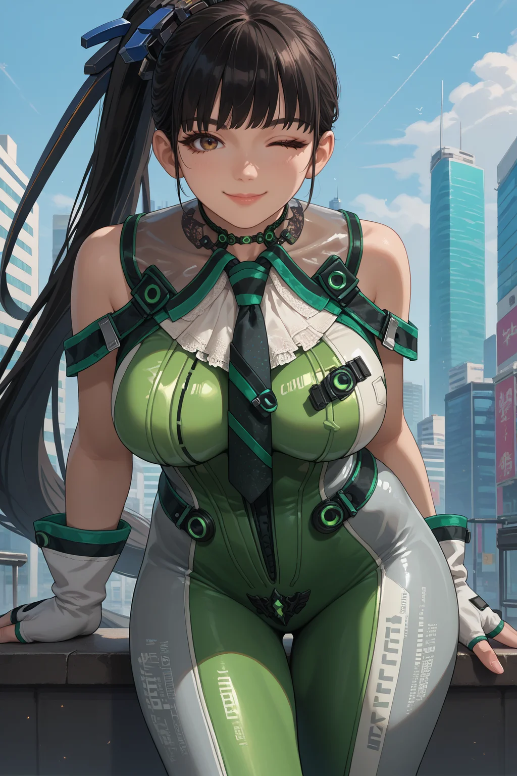 score_9, score_8_up, score_7_up, score_6_up, source_anime, 1girl, solo, <lora:sbeve-pdxl-nvwls-v1-000006:1> defEve, black hair, long ponytail, necktie, green and white bodysuit, sleeveless, fingerless gloves, grey pants, big breasts, leaning forward, thighs, wink, looking at you, smile, grey sky, city