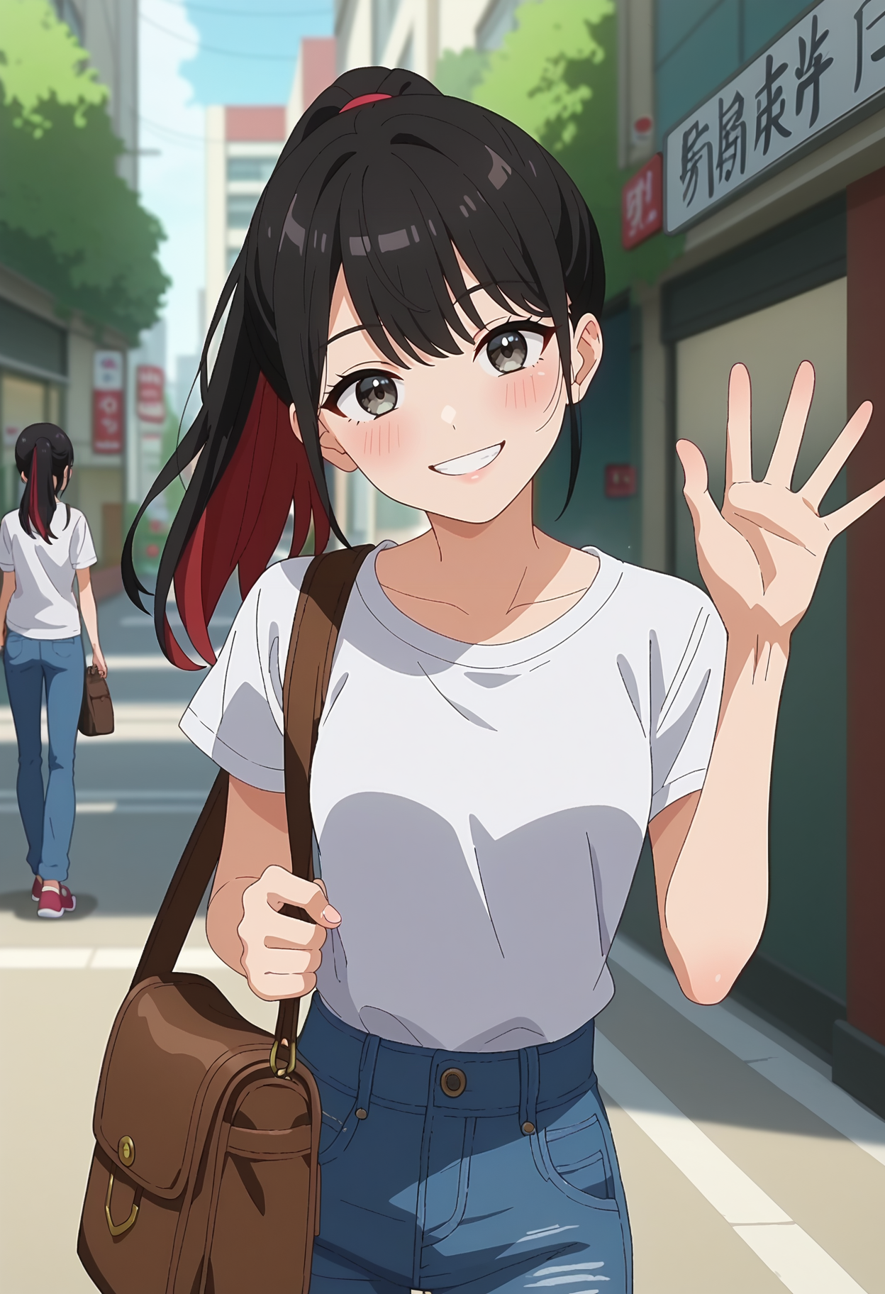 score_9, score_8_up, score_7_up, anime screencap, source_anime, 1girl, solo, 
<lora:Nowa_Dress_up_Darling_V2:.85>, KJOnowa, grey eyes, black hair, multicolored hair, 
high waist jeans, t-shirt, brown bag, ponytail,
smile, waving, head tilt, blush, looking at viewer,
city, street,
(Beautiful, small Breasts:1.2),