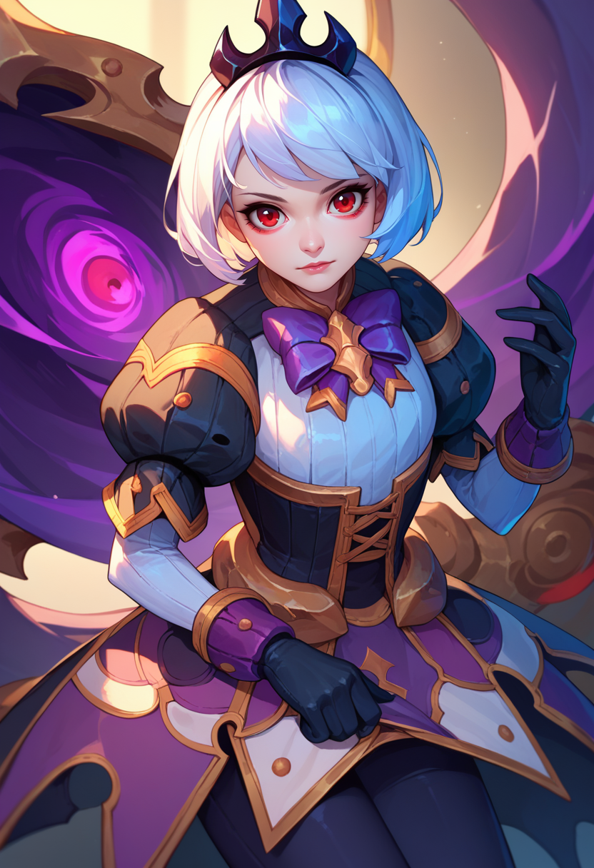 score_9, score_8_up, score_7_up, 1girl,  Orphea, tiara,  white hair, short hair, red eyes, gown, puffy sleeves, leggings, black gloves, purple bow, looking at viewer,     <lora:Orphea DORER-000009:1>