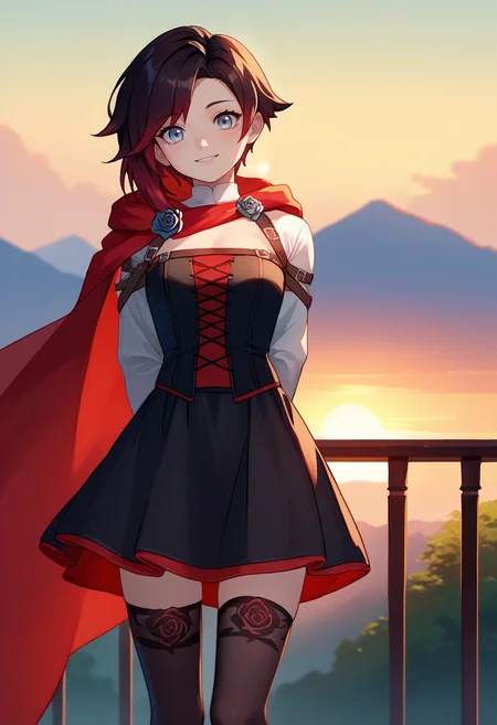 score_9, score_8_up, score_7_up, source_anime, solo, 1girl, mistralrose, smile, looking at viewer, standing, arms behind back, red cape, black dress, corset, white shirt, long sleeves, black skirt, black thighhighs, sunrise, outdoors <lora:rwby_rose_mistral_ponyXL:1>