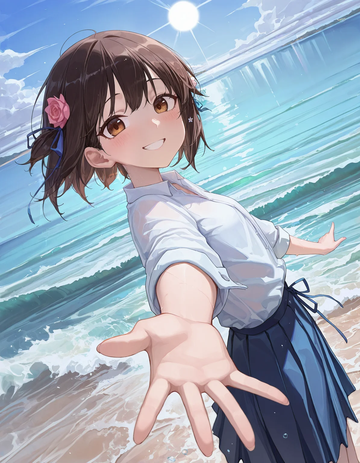 masterpiece, newest, incredibly absurdres, highres, bingwei_huang_style,<lora:bingwei_huang_style:1>,1girl, solo, smile, looking at viewer, ocean, shirt, blush, outdoors, short hair, skirt,reaching towards viewer,hair flower, white shirt, from side, hair ribbon, ribbon, water, brown eyes, black hair, bangs, waves, brown hair, blurry, blue skirt, grin,depth of field,dutch angle, scenery, light rays, sun_light,wind