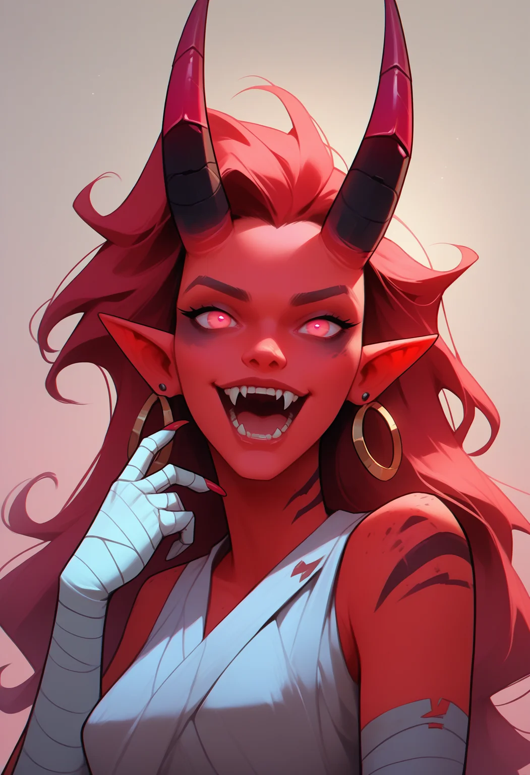 digital painting, all the other Pony quality tags, check the prompts! score_9, score_8_up, score_7_up, score_6_up, score_5_up, score_4_up,
<lora:DreamPallete:1> dr3am,
1girl, solo, horns, pointy ears, earrings, jewelry, fangs, long hair, looking at viewer, colored skin, red skin, bandages, pink eyes, upper body, gradient background, pink skin, red hair, smile, demon girl, open mouth, sleeveless, bandaged arm, demon horns, teeth, breasts