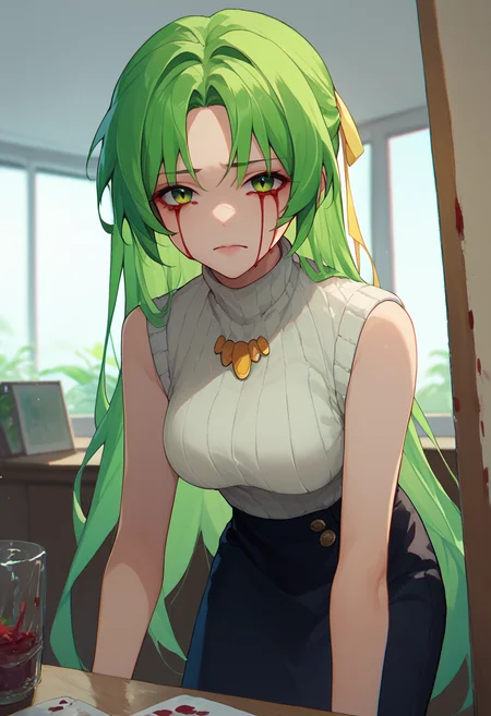 score_9, score_8_up, score_7_up, 1girl, bloody tears, <lora:Bloody tears-000009:1> <lora:SHion DORA VA1:1> ShionSW, green hair, long hair, green eyes, hair ribbon, white turtleneck sweater, black skirt, yellow necklace, sleeveless, indoors, looking at viewer,