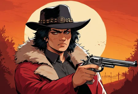 score_9, score_8_up, score_7_up, score_6_up, score_5_up, score_4_up, 4k, 1girl, solo, Red Dead Redemption style, 1800's western painting style, sketch, paperback novel cover art style, american old west
Hanna running and shooting a schofield revolver with her coat flying and hair flying behind her.
BREAK
Hanna is a tan 30 year old female bounty hunter with long black hair, serious eyebrows and brown eyes with dark circles under them, snarling expression. Wearing a black hat and wearing a (((faded dusty maroon gun fighter long coat))) over a black button up shirt, short, round head, gunfighter, tough woman, medium bust
