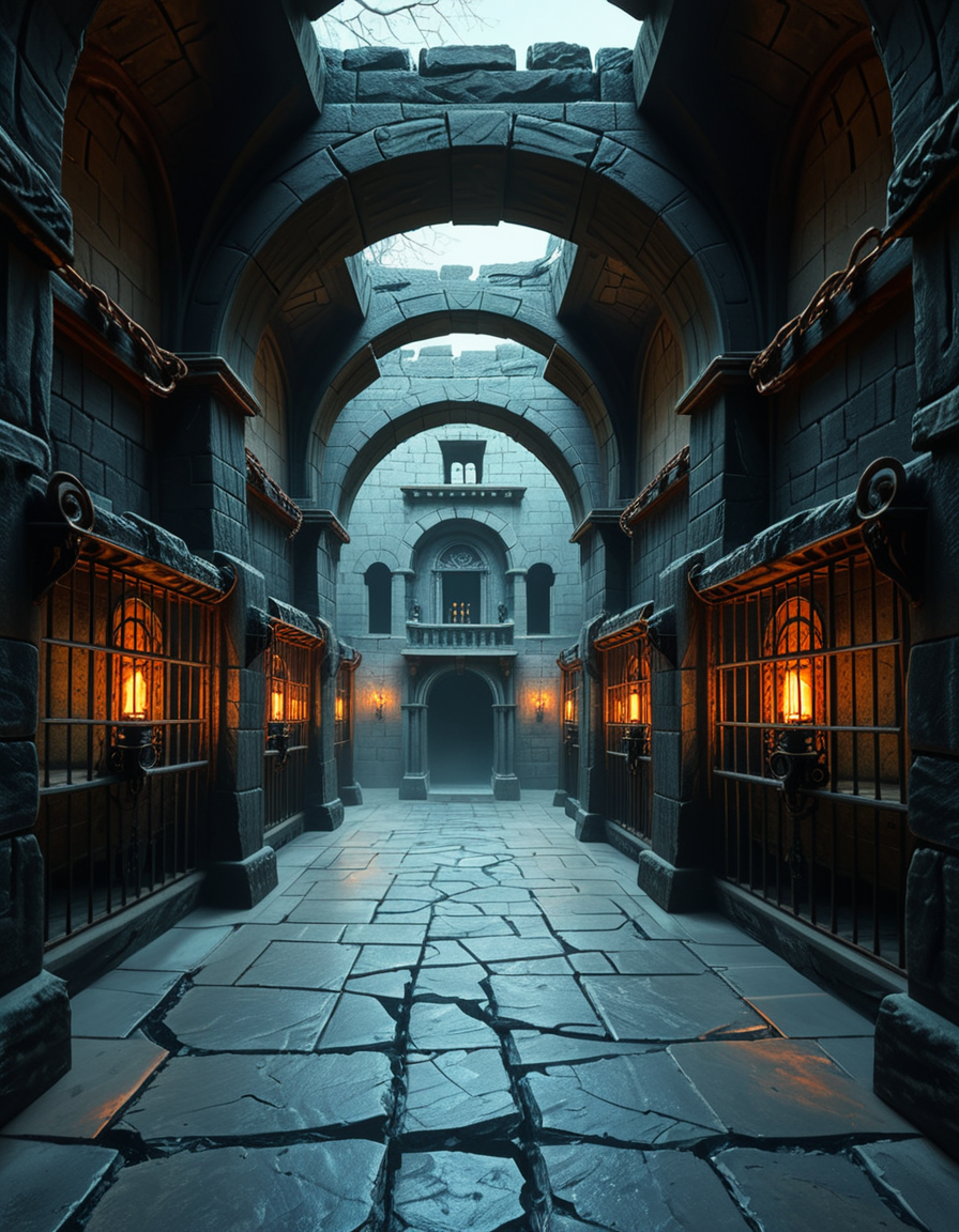 Deep within the necromancerâs fortress lies the Cell Block of the Damned, an endless crypt of imprisonment where no living beings resideâonly echoes of suffering and the restless remains of those long forgotten. The architecture is grotesque and unnatural, a fusion of blackened stone, rusted iron, and calcified bone, as if the walls themselves were formed from the fused remains of the dead. The air is cold, stale, and thick with an unnatural mist that coils like spectral fingers along the cracked floor.
Endless rows of iron-barred cells line the cavernous chamber, their interiors cloaked in unnatural darkness. Some cells contain skeletal figures, shackled in rusted chains, their hollow eye sockets glowing faintly with eerie green or crimson light. Others house shadowy wraiths, their indistinct forms flickering like dying embers, bound by ancient runes etched into the very fabric of the stone. A few cells appear completely empty, yet whispers emanate from withinâechoes of prisoners that no longer exist, but whose agony remains imprinted upon reality itself.
The walls pulse faintly, veins of necrotic energy coursing through their surface, feeding upon the despair and suffering trapped within. Chains dangle from the ceiling, some still swinging slightly as if disturbed by unseen forces. Along the floor, pools of black ichor seep from cracks in the stone, shifting unnaturally as if alive, swallowing anything that lingers too long.
At the heart of the chamber stands a monolithic iron cage, its bars twisted and gnarled, as though shaped by something with no regard for natural law. Inside, a shifting mass of bone, spectral energy, and dark mist writhes in eternal torment, its presence a gravitational wound in reality itself. The cage hums with an ominous resonance, its locks sealed with infernal sigils that glow with unholy fire, ensuring that whatever lurks within remains containedâfor now.
Above, an ancient stone archway looms, inscribed with ever-changing runes that bleed a slow, black liquid. Beyond it, the corridor stretches endlessly, shrouded in a choking fog where shapes move in the distance, watching, waiting. No footsteps ever echo in this place. No voices call out. Only the whispers of the forgotten, the endless creaking of rusted metal, and the sensation that somethingâsomething old, something hungryâis always watching.
This is not a prison.
It is a tomb for souls, a place where the dead are left to fester, to wither, and to become something else.
Style & Mood :
- Dark fantasy, gothic horror, necromantic aesthetics
- Cinematic, highly detailed, eerie lighting
- Infernal atmosphere, filled with shadows, glowing runes, and spectral entities
- Inspired by the works of ZdzisÅaw BeksiÅski, H.R. Giger, and dark medieval occultism
 <lora:SDXLFaeTastic2400:0.4> <lora:extremely_detailed:0.4> extremely detailed,<lora:necromancer_c3ll_bl0ck:1>,necromancer c3ll bl0ck, Masterpiece,best quality,hi res,8k,hi res,8k,award winning,(sharp focus, intricate, highly detailed),