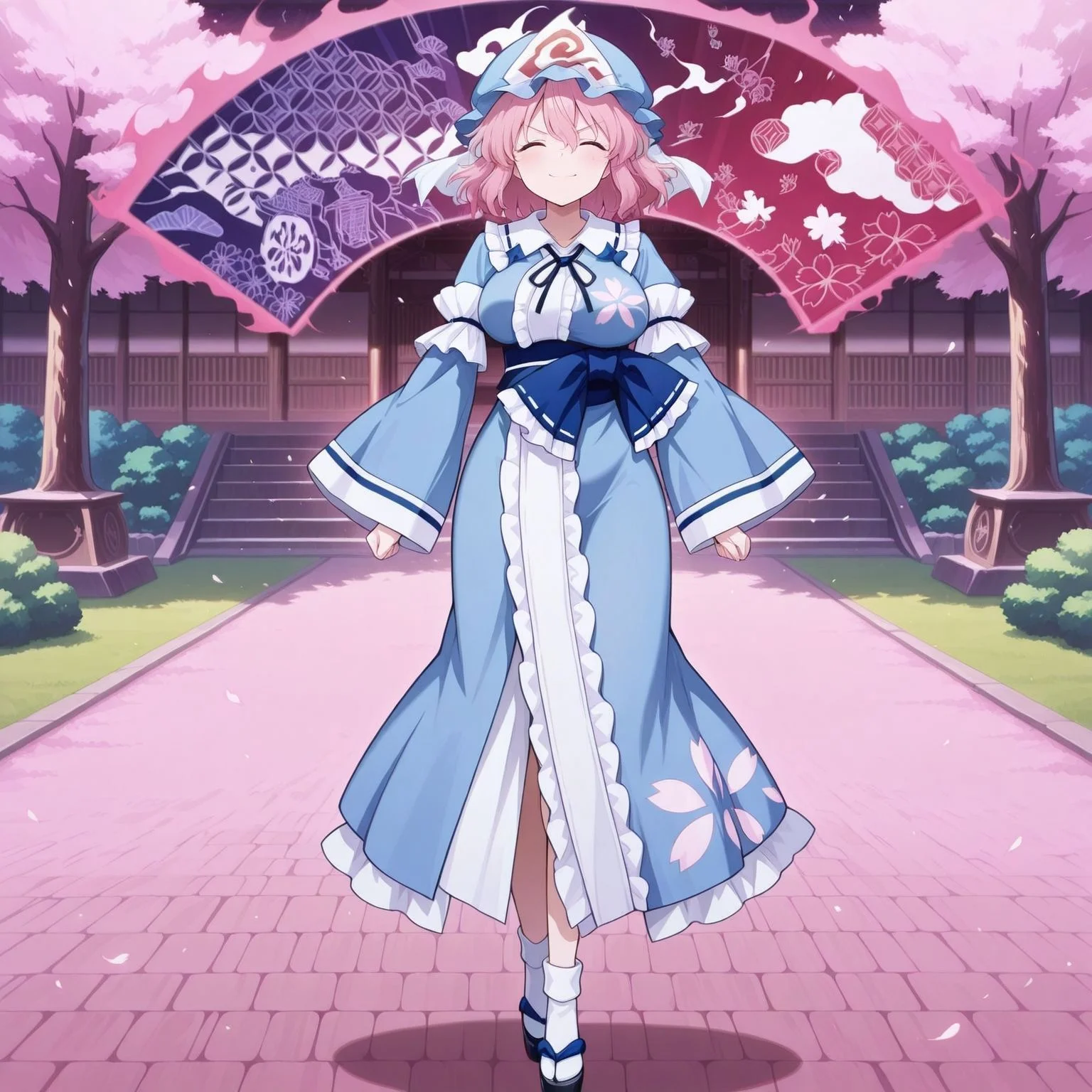 absurdres, highres, masterpiece, best quality, amazing quality, official anime artwork, screencap, anime screencap, outdoors, looking at viewer, dynamic pose, standing,
<lora:Yuyuko's-Fan-Aura_Illustrious:0.9> yuyuko-fanaura, background, cloud, folding fan, chariot, pink aura, flower,
<lora:Yuyuko-Saigyouji_IllustriousV3:1> saigyouji yuyuko, 1girl, solo, pink hair, short hair, large breasts,, blue hat, mob cap, triangular headpiece, blue neck ribbon, blue kimono, frilled kimono, long sleeves, wide sleeves, floral print, blue ribbon, white socks, black sandals, vein, angry, closed mouth, smile, angry smile, closed eyes, furious, sakura tree,