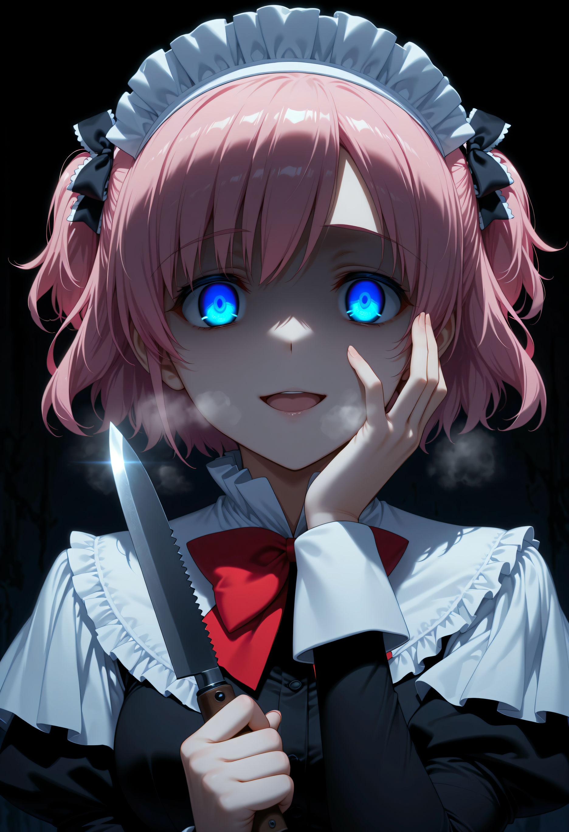 solo, <lora:Char_KomineSachi:1>, blue eyes, pink hair, short hair, two side up, hair ribbon,
S4ciM4id, maid headdress, black dress, frilled dress, frilled collar, capelet, red bowtie, juliet sleeves, upper body,
dark, dark theme, holding knife, hand on own face, yandere, open mouth, heavy breathing, smile, glowing eyes, looking at viewer,