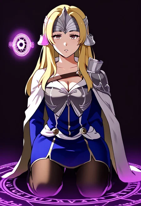 Mathilda hypnotized by magic,
score_9, source anime, lewd, 1girl, smooth,
mind control, hypnotized, expressionless, slack jaw, head tilted upward,
kneeling, glowing magic circle, (magic circle on head), arms hanging loose at sides,
feMtlda, blonde hair, long hair, helmet, cape, armor, cleavage, blue dress, black gloves, pantyhose, thigh boots