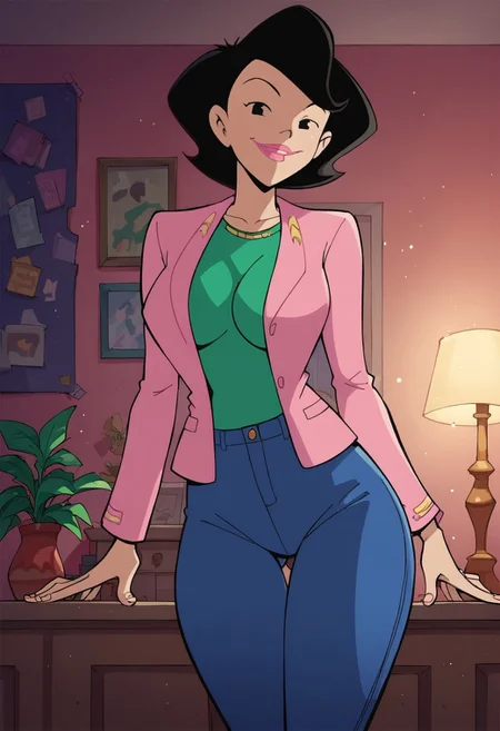 score_9, score_8_up, score_7_up, score_6_up, score_7_up, source_cartoon,BREAK, 1girl, susanlongv1, looking at viewer, pink lips, smile, black hair, black eyes, mature female, large breasts, curvy, squinting, green shirt,pink blazer,blue jeans, in the livingroom,evening, volumetric lighting, light particles