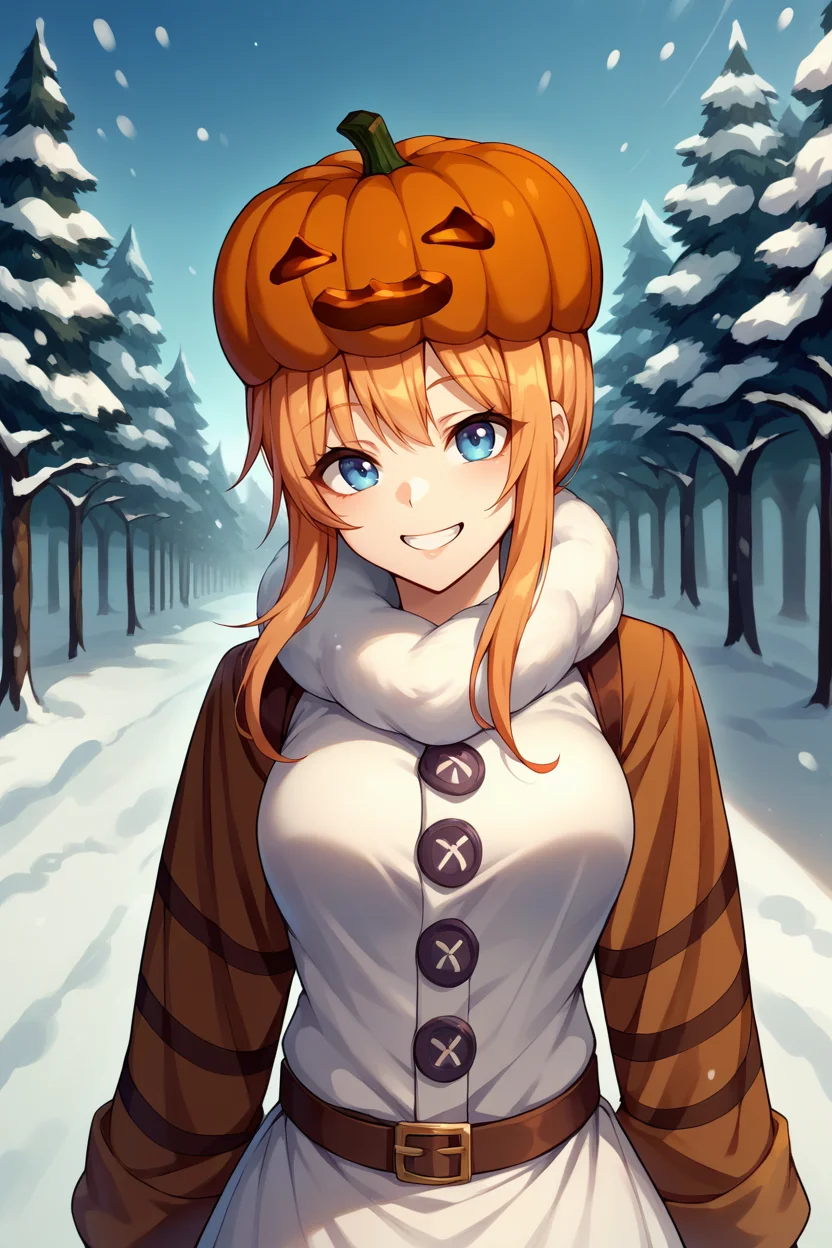 score_9, score_8_up, score_7_up, score_6_up, source_anime BREAK 1girl, solo <lora:mcsnowgolem-pdxl-nvwls-v1-000005:1> sgolem, pumpkin hat, white coat, orange sleeves, white skirt, buttons, blue eyes, medium breasts, upper body, snow, winter, smile, looking at you, blue sky