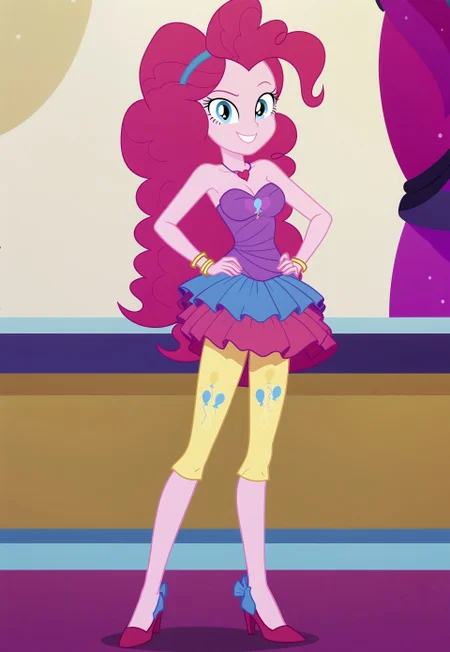 safe_pos, zPDXL3, <lora:CitronAnimeTreasure:.8> <lorapinkiepie_betatest:.8>, Pinkie Pie, 90s, bare shoulders, bracelet, clothes, dress, female, high heels, jewelry, necklace, rah rah skirt, shoes, simple bottom, skirt, sleeveless, sleeveless dress, single, strapless, strapless dress, sheer bottom, looking at viewer, serious, smiling, standing, hand on hip, inside ballroom, soft lighting, sexy body, hot sensual, sexy hot legs, mature sexy body, seductive sexy body, showing legs, slim sexy body, big breasts, hot seductive look, long hair, very long hair, Equestria Girls, One person, 1 girl, alone, Seductive and flirtatious look 