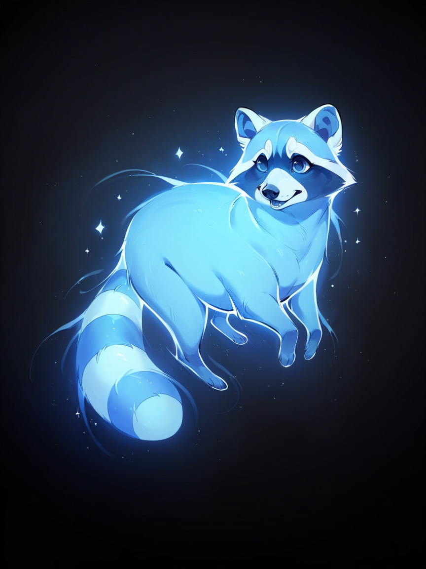score_9, score_8_up, score_7_up, score_6_up, score_5_up,  <lora:p4tr0nusXLP:1> p4tr0nus, no humans, glowing, black background, blue theme, raccoon